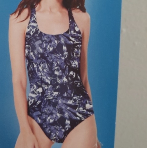 Speedo Blue White and Navy Palm Leaf Print Swimsuit One Piece - Picture 1 of 16